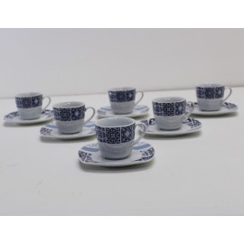 Servizio 6 Tazze da Caffè Meditteraneo con Piattino in Porcellana con Decoro Blu