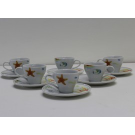 Servizio 6 Tazze da Caffè in Porcellana con Piattino con Fantasia Marina