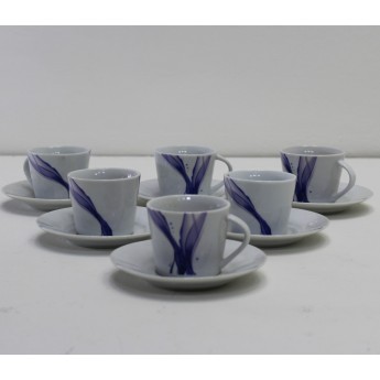 Servizio 6 Tazze da Caffè con Piattino in Porcellana con Decoro Blu