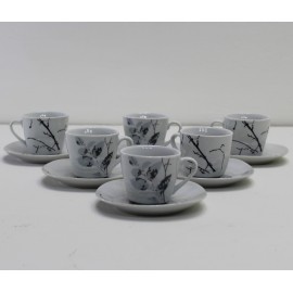 Servizio 6 Tazze Quadre da Caffè in Porcellana con Piattino Decoro Rami e Foglie