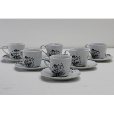 Servizio 6 Tazze Quadre da Caffè in Porcellana con Piattino Decoro Fiori Nero