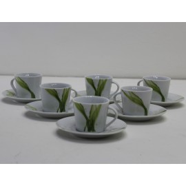 Servizio 6 Tazze da Caffè in Porcellana con Piattino con Decoro Verdeo