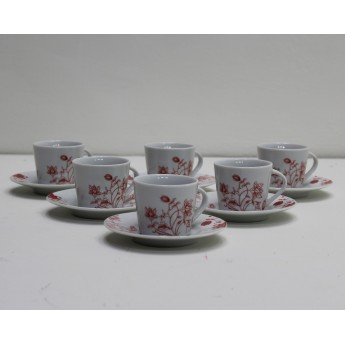 Servizio 6 Tazze Tonde da Caffè in Porcellana con Piattino Decoro Rosso