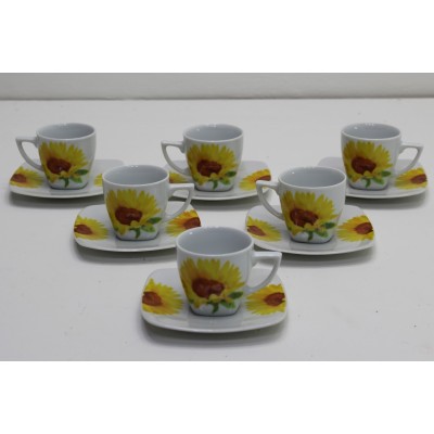 Set 6 Tazze Quadre da Caffè in Porcellana con Piattino Decorazione Girasoli