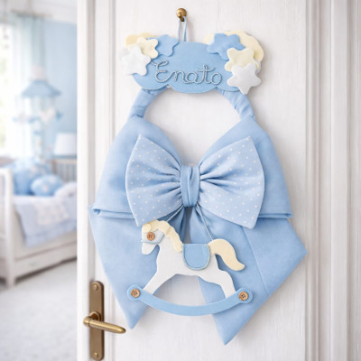 Fiocco Fuori Porta Personalizzabile Nascita Azzurro Cavallino 65x35