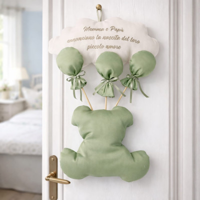 Fiocco Fuori Porta Orsetto Palloncini Raso Verde Personalizzabile 35x50