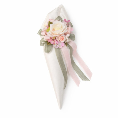Cornucopia Profumata Decorativa in Raso Bianco | Fiori in Tessuto e Nastri | 45x30 cm
