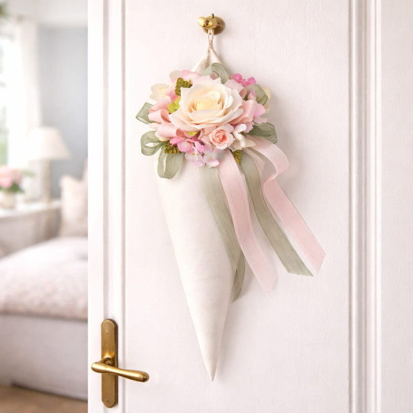 Cornucopia Profumata Decorativa in Raso Bianco | Fiori in Tessuto e Nastri | 45x30 cm