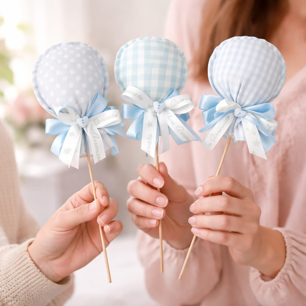 Palloncini Profumati in Cotone Azzurro su Bastoncino | Fantasie Assortite | 10x25 cm | Nascita