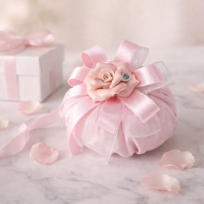 Pouff Profumato Raso Rosa con Rosa Capodimonte Ø 9 cm – Bomboniera