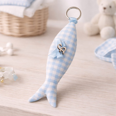 Portachiavi Profumato Pesciolino in Cotone Azzurro | 2 Varianti | Lettera Legno | 4x16 cm