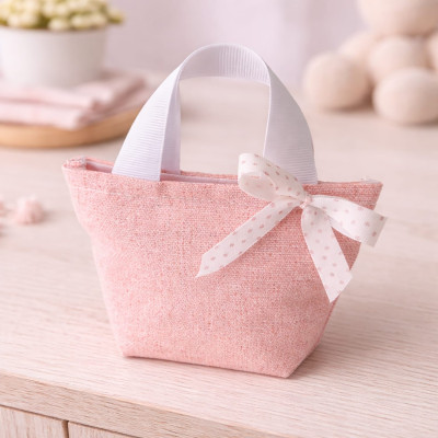 Borsetta Porta Confetti in Cotone Rosa | Manici Grosgrain | Fiocco | 10x12 cm | Bomboniera
