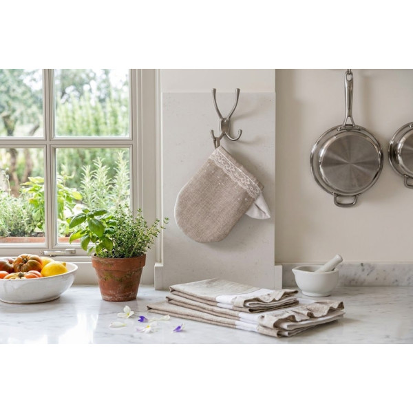 Set Cucina Strofinacci e Tazza Appendino in Cotone Naturale | Pizzo e Balza | 45x60 cm