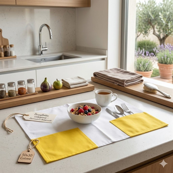 Tovaglietta Colazione in Cotone Bicolore Bianco e Giallo | Tasche Portaposate | 50x30 cm
