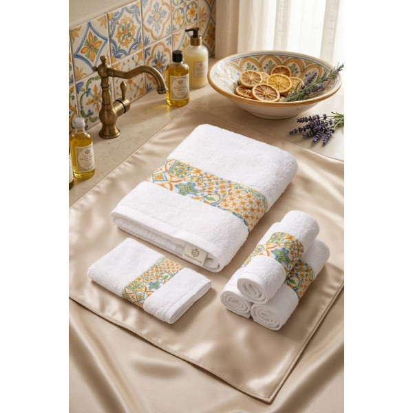 Set Asciugamani in Spugna Bianca | Bordo Maioliche Mediterranee | 80x50 e 35x50 cm