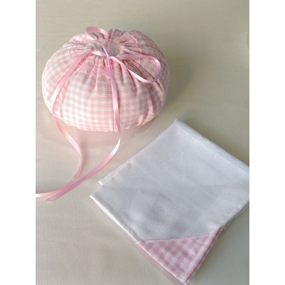 Sacca portaoggetti bebè in cotone fantasia quadretti rosa con tovaglietta coordinata 35x35 diametro 20 cm