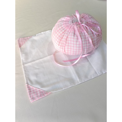 Sacca portaoggetti bebè in cotone fantasia quadretti rosa con tovaglietta coordinata 35x35 diametro 20 cm