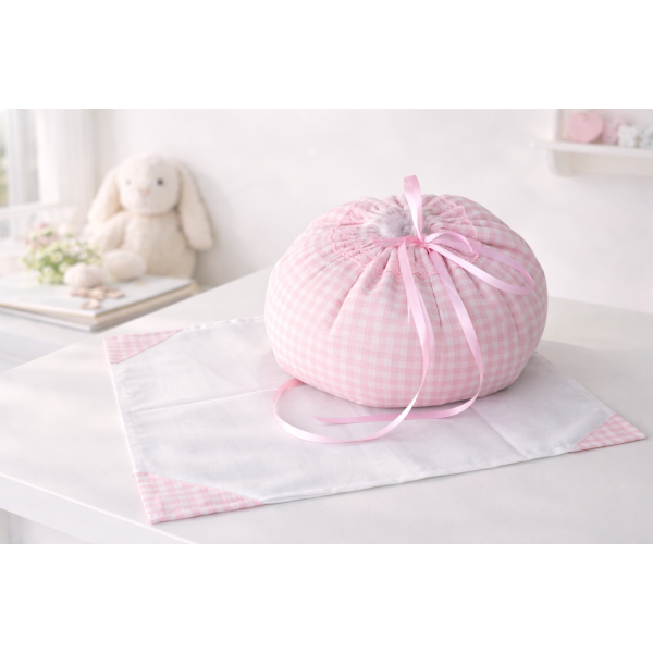 Sacca portaoggetti bebè in cotone fantasia quadretti rosa con tovaglietta coordinata 35x35 diametro 20 cm