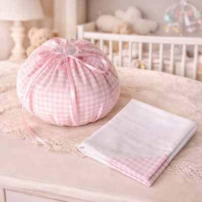 Sacca portaoggetti bebè in cotone fantasia quadretti rosa con tovaglietta coordinata 35x35 diametro 20 cm