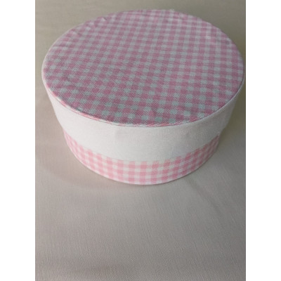 Scatola portaoggetti in cartone e tessuto fantasia quadretti rosa e tinta unita diametro 18 cm altezza 8 cm