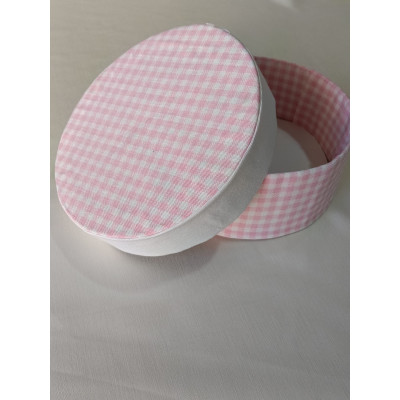Scatola portaoggetti in cartone e tessuto fantasia quadretti rosa e tinta unita diametro 18 cm altezza 8 cm