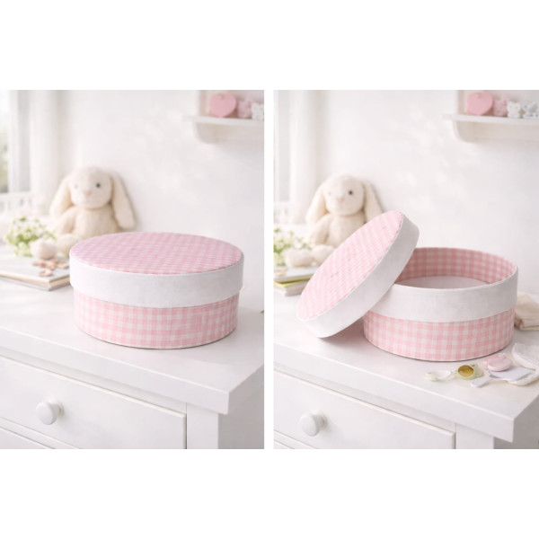 Scatola portaoggetti in cartone e tessuto fantasia quadretti rosa e tinta unita diametro 18 cm altezza 8 cm