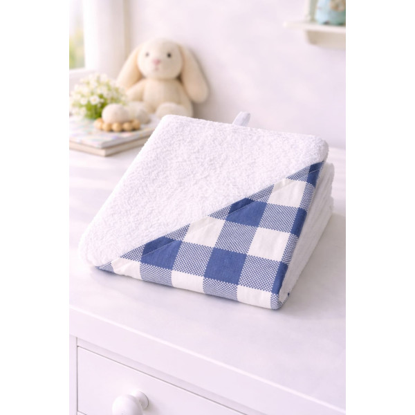 Telo asciugabebè 70x70 in spugna e cotone con cappuccio fantasia quadretti blu morbido e assorbente
