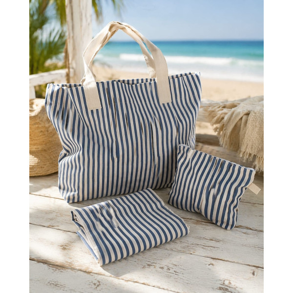 Set Mare 3 Pezzi in Cotone Righe Blu – Borsa 40x32x10 cm, Borsello 20x18 cm e Telo 80x150 cm