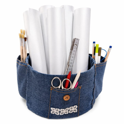 Organizer da Scrivania in Tessuto Denim Ø20 cm H18 cm con 5 Tasche – Portapenne Portaoggetti