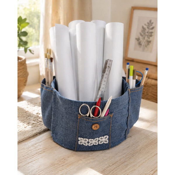 Organizer da Scrivania in Tessuto Denim Ø20 cm H18 cm con 5 Tasche – Portapenne Portaoggetti