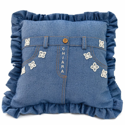 Cuscino Personalizzato 40x40 Denim con Nome Pizzo e Balza