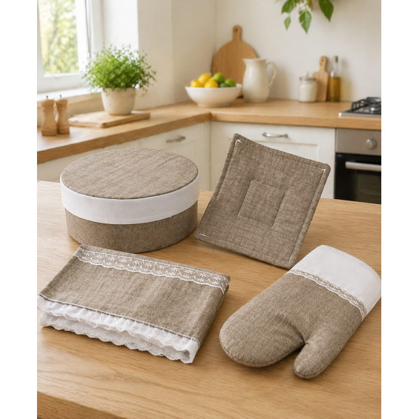 Set Cucina 4 Pezzi in Cotone Naturale con Pizzo – Scatola Ø25, Strofinaccio, Guantone e Presina