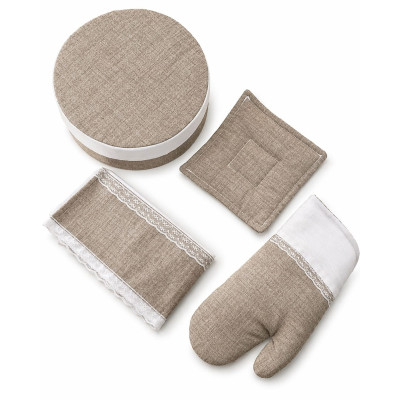Set Cucina 4 Pezzi Cotone Naturale con Pizzo – Scatola Guantone Presina