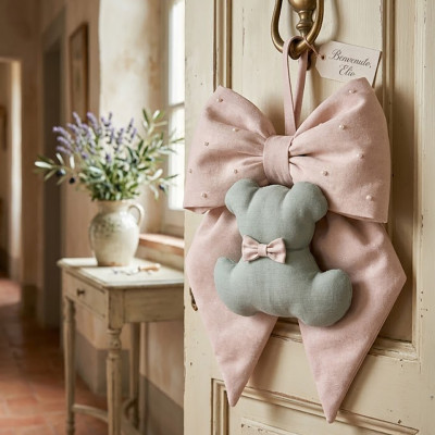 Fiocco Fuori Porta Cipria con Perle e Orsetto Verde Salvia – 45x50 cm