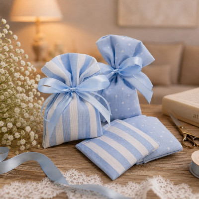 Sacchetti Baby Portaconfetti Azzurro 9x13 cm Righe e Pois | Nudi