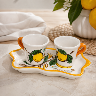 Set 2 Tazzine Ceramica Dipinte a Mano Decoro Limoni con Vassoio | Regalo