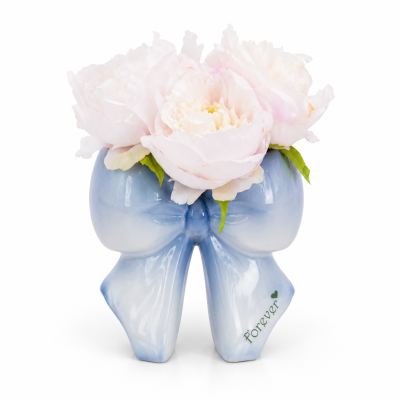 Vaso in Ceramica Smaltata a Forma di Fiocco H 18 cm – Scritta Forever | Azzurro Rosa Beige