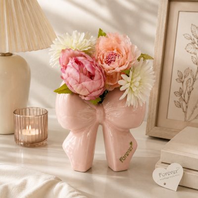 Vaso Ceramica Fiocco H 18 cm Scritta Forever | Azzurro Rosa Beige