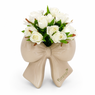 Vaso Ceramica Fiocco H 18 cm Scritta Forever | Azzurro Rosa Beige