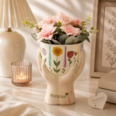 Vaso Ceramica Dipinto a Mano H 18 cm Mani e Fiori | Scritta Forever