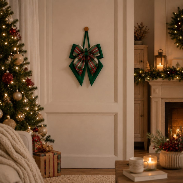 Fiocco Fuori Porta Natalizio Raso e Tartan 35x50 cm – Rosso e Verde | Decorazione Natale