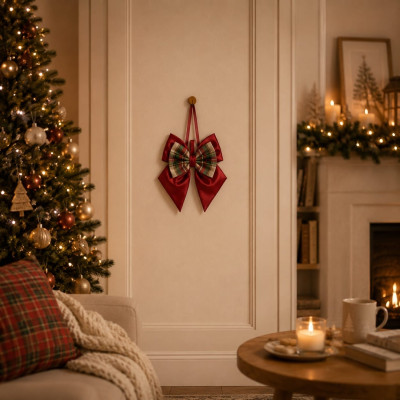 Fiocco Fuori Porta Natalizio Raso e Tartan 35x50 cm – Rosso e Verde | Decorazione Natale