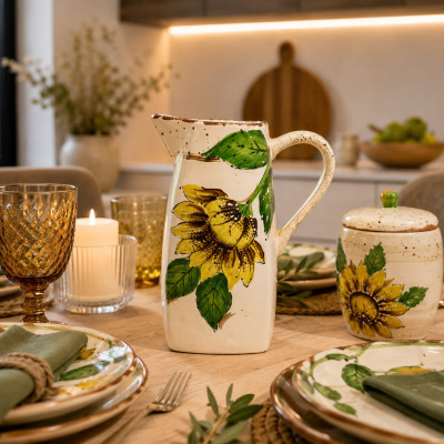 Brocca Ceramica Girasole in Rilievo Pitturata a Mano 22x27H cm – Decorazione Tavola e Cucina