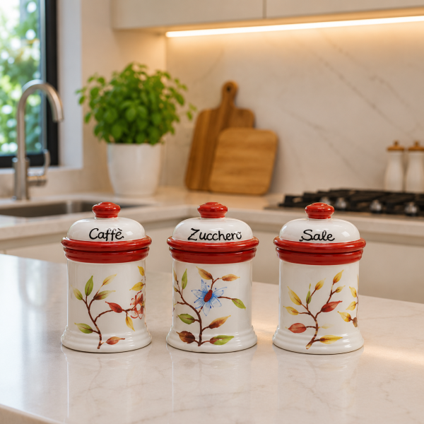 Tris Barattoli Garofano in Porcellana Decoro Rosso Arancio – Set 3 Pezzi Idea Regalo Casa Forever