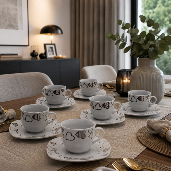 Set Love 6 Tazze Quadre da Caffè in Porcellana con Piattino