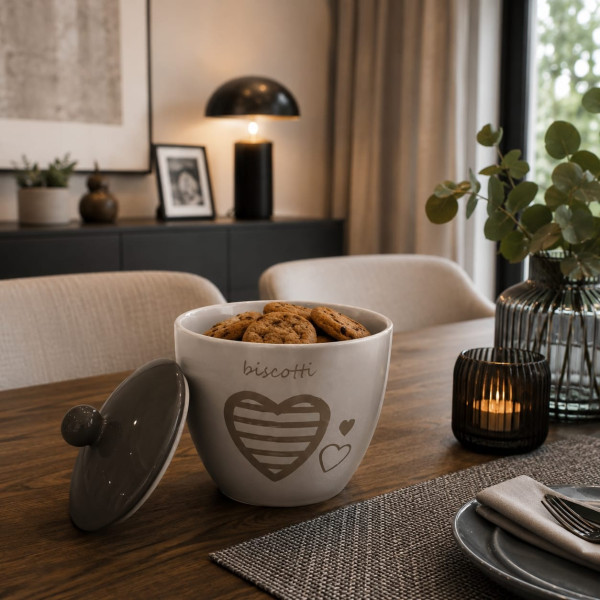 Biscottiera Cuore in Porcellana Colore Bianco e Tortora – Misura cm D 17 Idea Regalo Arredo Casa