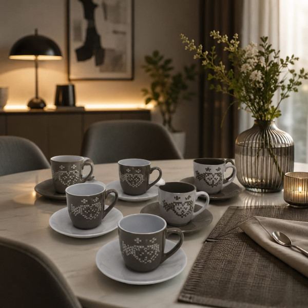 Set Love 6 Tazze da Caffè in Porcellana con Piattino in Ceramica Colore Bianco e Tortora