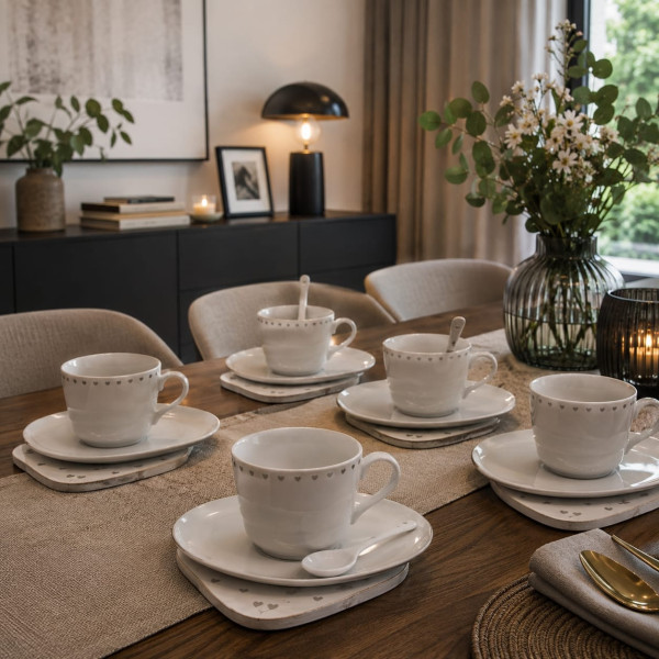 Set 6 Tazze Quadre da Caffè in Porcellana con Piattino e Cucchiaino – Decoro Filo Argento