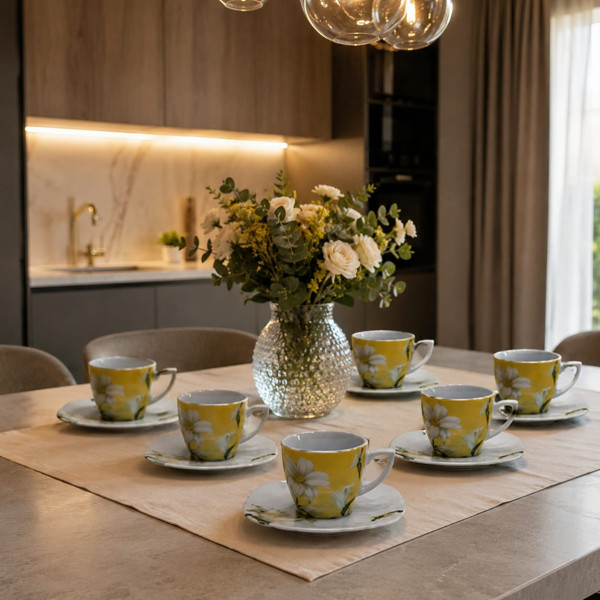 Set 6 Tazze Quadre da Caffè in Porcellana con Piattino  Decorazione Girasoli