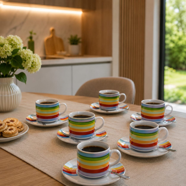 Set 6 Tazze Quadre da Caffè in Porcellana con Piattino  Arcobaleno